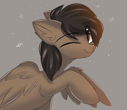 Size: 2859x2480 | Tagged: safe, artist:janelearts, imported from derpibooru, oc, oc:mazz, pegasus, pony, commission, cute, ear fluff, male, one eye closed, raised hoof, smiling, solo, stallion, wings, wink