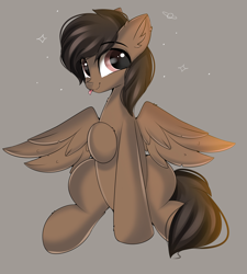 Size: 2828x3141 | Tagged: safe, artist:janelearts, imported from derpibooru, oc, oc:mazz, pegasus, pony, :p, commission, cute, gray background, male, raised hoof, simple background, sitting, smiling, solo, stallion, tongue out, wings