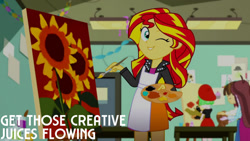 Size: 1280x720 | Tagged: safe, edit, edited screencap, editor:quoterific, imported from derpibooru, screencap, sunset shimmer, velvet sky, wiz kid, eqg summertime shorts, equestria girls, the art of friendship, apron, clothes, cute, eyes closed, female, flower, jacket, leather, leather jacket, male, one eye closed, shimmerbetes, smiling, solo focus, sunflower, wink