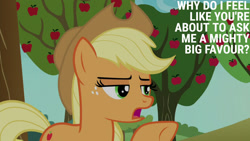 Size: 1280x720 | Tagged: safe, edit, edited screencap, editor:quoterific, imported from derpibooru, screencap, applejack, earth pony, pony, grannies gone wild, season 8, spoiler:s08, apple, apple tree, applejack's hat, cowboy hat, female, food, hat, mare, open mouth, solo, tree