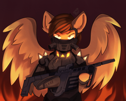 Size: 1920x1536 | Tagged: safe, artist:freak_side_inc, imported from derpibooru, oc, oc only, oc:mazz, pegasus, pony, robot, armor, commission, fire, glowing, gun, male, serious, serious face, solo, spikes, stallion, weapon