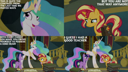 Size: 1280x720 | Tagged: safe, edit, edited screencap, editor:quoterific, imported from derpibooru, screencap, princess celestia, sunset shimmer, twilight sparkle, alicorn, pony, unicorn, equestria girls, equestria girls series, forgotten friendship, bag, blushing, butt, crown, female, jewelry, mare, open mouth, open smile, plot, regalia, saddle bag, smiling, trio, twilight sparkle (alicorn)