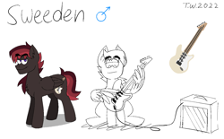 Size: 1400x868 | Tagged: safe, artist:beefgummies, imported from derpibooru, oc, oc:sweeden, pegasus, pony, amplifier, cutie mark, electric guitar, guitar, lazy background, looking at you, male, monochrome, musical instrument, playing instrument, red mane, reference sheet, solo, stallion, thick eyebrows, wing hands, wings