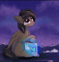 Size: 1078x1126 | Tagged: safe, artist:janelearts, imported from derpibooru, oc, oc:mazz, butterfly, pegasus, pony, :p, crossed hooves, cute, folded wings, glowing, jar, male, night, night sky, sitting, sky, solo, stallion, stars, tongue out, wings