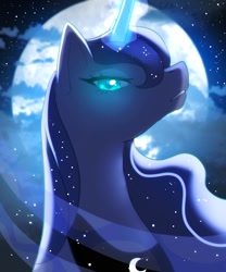 Size: 1500x1800 | Tagged: safe, artist:kyarameeru, imported from derpibooru, princess luna, pony, bust, cloud, female, full moon, glowing, glowing horn, horn, mare, moon, night, portrait, solo, stars