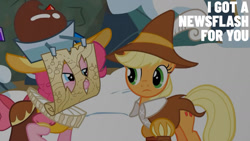 Size: 1280x720 | Tagged: safe, edit, edited screencap, editor:quoterific, imported from derpibooru, screencap, applejack, chancellor puddinghead, pinkie pie, smart cookie, earth pony, pony, hearth's warming eve (episode), season 2, duo, female, mare, snow