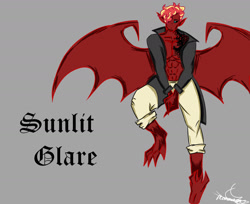 Size: 1280x1044 | Tagged: safe, artist:moonuna, imported from derpibooru, sunset shimmer, demon, equestria girls, abs, barefoot, blackletter, equestria guys, feet, gray, gray background, male, rule 63, simple background, solo, sunset glare, sunset lucifer, sunset satan