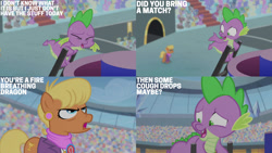 Size: 1280x720 | Tagged: safe, edit, edited screencap, editor:quoterific, imported from derpibooru, screencap, ms. harshwhinny, spike, dragon, earth pony, pony, equestria games (episode), season 4, duo, eyes closed, female, male, mare, open mouth, open smile, shrunken pupils, smiling, sweat