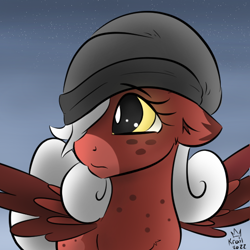 Size: 600x600 | Tagged: safe, artist:kingkrail, imported from derpibooru, oc, oc:vanilla melt, pegasus, pony, female, filly, foal, freckles, glowing, glowing eyes, hair over one eye, hat, solo, spread wings, wings