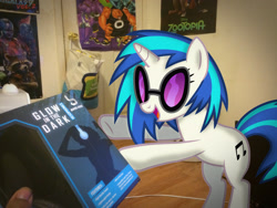 Size: 3264x2448 | Tagged: safe, artist:millennial dan, artist:tmntmlp4ever2000, imported from derpibooru, dj pon-3, vinyl scratch, pony, unicorn, background pony, female, glasses, high res, irl, mare, photo, ponies in real life, solo