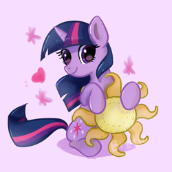 Size: 1280x1280 | Tagged: safe, artist:brella, imported from derpibooru, twilight sparkle, pony, unicorn, female, horn, mare, multicolored mane, multicolored tail, pink background, signature, simple background, sitting, smiling, solo, tail, unicorn twilight, watermark