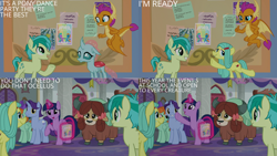 Size: 1280x720 | Tagged: safe, edit, edited screencap, editor:quoterific, imported from derpibooru, screencap, november rain, ocellus, peppermint goldylinks, sandbar, smolder, twilight sparkle, yona, alicorn, changeling, dragon, earth pony, pegasus, pony, unicorn, yak, season 9, she's all yak, disguise, disguised changeling, dragoness, female, flying, friendship student, magic, male, mare, open mouth, open smile, pony ocellus, school of friendship, smiling, stallion, telekinesis, twilight sparkle (alicorn), wings