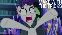 Size: 1280x720 | Tagged: safe, edit, edited screencap, editor:quoterific, imported from derpibooru, screencap, rarity, pony, unicorn, it isn't the mane thing about you, season 7, female, mare, open mouth, shrunken pupils, solo, twilight's castle
