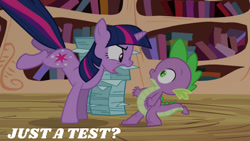 Size: 1280x720 | Tagged: safe, edit, edited screencap, editor:quoterific, imported from derpibooru, screencap, spike, twilight sparkle, dragon, pony, unicorn, season 3, the crystal empire, book, duo, female, golden oaks library, male, mare, open mouth, unicorn twilight