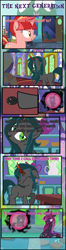 Size: 1051x3974 | Tagged: safe, artist:shootingstarsentry, imported from derpibooru, oc, oc:nightshade (digimonlover101), oc:queen larva, oc:star curve, changepony, hybrid, pony, unicorn, comic:the next generation, comic, interspecies offspring, offspring, parent:king sombra, parent:queen chrysalis, parent:starlight glimmer, parent:sunburst, parents:chrysombra, parents:starburst, purple changeling