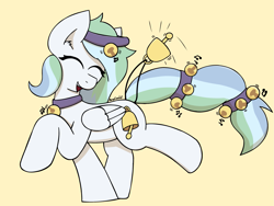 Size: 2357x1768 | Tagged: safe, artist:monycaalot, imported from derpibooru, oc, oc:river chime, pegasus, pony, abstract background, bells, big tail, female, music notes, smiling, solo, tail