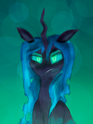 Size: 1920x2560 | Tagged: source needed, safe, artist:xelksor, imported from derpibooru, queen chrysalis, bust, green background, green eyes, horn, portrait, simple background