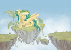 Size: 4096x2897 | Tagged: safe, artist:krista-21, imported from derpibooru, oc, oc only, pegasus, pony, eyes closed, floating island, relaxing, sleeping, solo