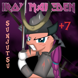 Size: 3500x3500 | Tagged: safe, artist:strategypony, imported from derpibooru, sunny starscout, earth pony, pony, album, angry, armor, braid, bruised, female, fighting stance, g5, heavy metal, helmet, iron maiden, katana, looking at you, mane, mare, my little pony: a new generation, parody, ponified, ponified album cover, samurai, senjutsu, serious, simple background, sword, text, weapon