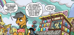 Size: 2261x1080 | Tagged: safe, artist:tonyfleecs, idw, imported from derpibooru, quibble pants, earth pony, pony, spoiler:comic, spoiler:friendship in disguise01, book, cloud, crossover, male, newspaper, newsstand, rainbow, stallion