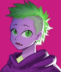 Size: 448x528 | Tagged: safe, artist:nairdags, imported from derpibooru, spike, human, clothes, hoodie, humanized, looking at you, slit pupils, solo