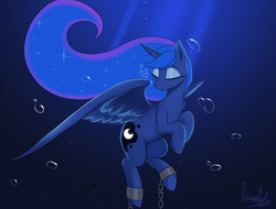 Size: 5000x3792 | Tagged: safe, artist:ccruelangel, imported from derpibooru, princess luna, alicorn, pony, blue background, blue mane, bubble, chains, colored pupils, crepuscular rays, depression, diving, ethereal mane, eyes closed, feather, female, flowing mane, high res, horn, mare, no tail, ocean, sad, signature, simple background, solo, sparkles, spread wings, starry mane, sunlight, tired, underwater, water, wings