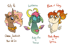 Size: 4046x2668 | Tagged: safe, artist:queenderpyturtle, imported from derpibooru, oc, oc only, oc:switcheroo, oc:tally ho, changepony, hybrid, pegasus, pony, unicorn, chest fluff, offspring, parent:cheese sandwich, parent:flash magnus, parent:fleur-de-lis, parent:pinkie pie, parent:spitfire, parent:thorax, parents:cheesepie, simple background, white background