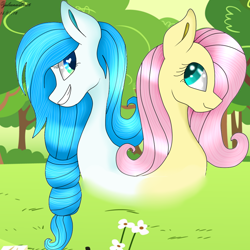 Size: 1000x1000 | Tagged: safe, artist:yulianapie26, imported from derpibooru, fluttershy, oc, earth pony, pegasus, pony, bust, duo, earth pony oc, eyelashes, grin, outdoors, smiling