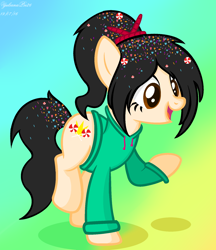 Size: 1496x1730 | Tagged: safe, artist:pegasski, artist:yulianapie26, imported from derpibooru, earth pony, pony, abstract background, base used, clothes, clothes swap, eyelashes, female, filly, foal, hoodie, ponified, smiling, solo, vanellope von schweetz, wreck-it ralph