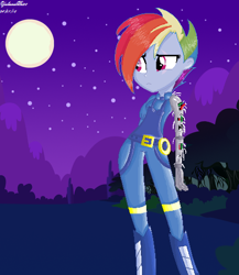 Size: 436x502 | Tagged: safe, artist:yulianapie26, imported from derpibooru, rainbow dash, equestria girls, the cutie re-mark, alternate hairstyle, alternate timeline, amputee, apocalypse dash, armor, base used, belt, clothes, combat armor, crystal war timeline, female, frown, full moon, looking offscreen, moon, mountain, night, outdoors, prosthetic arm, prosthetic limb, prosthetics, sad, scar, shading, show accurate, signature, solo, standing, stars, three quarter view, tree, uniform, wonderbolts, wonderbolts uniform