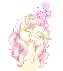 Size: 1091x1234 | Tagged: safe, artist:razledazle, imported from derpibooru, oc, oc only, pony, unicorn, :p, bust, chest fluff, cute, ear fluff, eyelashes, eyes closed, female, glowing, glowing horn, horn, mare, not fluttershy, one ear down, simple background, solo, tongue out, unicorn oc, white background