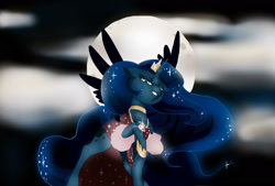 Size: 1653x1115 | Tagged: safe, artist:razledazle, imported from derpibooru, princess luna, alicorn, pony, bedroom eyes, choker, clothes, cloud, dress, ethereal mane, female, full moon, jewelry, mare, moon, necklace, outdoors, raised hoof, solo, starry mane