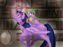 Size: 1525x1145 | Tagged: safe, artist:razledazle, imported from derpibooru, spike, twilight sparkle, alicorn, dragon, pony, bookshelf, crown, duo, female, globe, glowing, glowing horn, horn, indoors, jewelry, looking up, male, mare, raised hoof, regalia, twilight sparkle (alicorn), wings