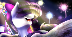 Size: 2000x1040 | Tagged: safe, artist:pastelperyton, imported from derpibooru, songbird serenade, pegasus, pony, my little pony: the movie, bow, bust, fireworks, hair bow, hair over eyes, outdoors, solo, wings