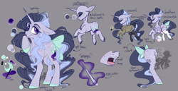 Size: 1320x683 | Tagged: safe, artist:pastelperyton, imported from derpibooru, oc, oc only, pony, unicorn, bow, female, gray background, horn, mare, reference sheet, simple background, tail, tail bow, unicorn oc