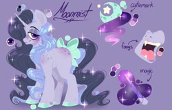 Size: 1043x673 | Tagged: safe, artist:pastelperyton, imported from derpibooru, oc, oc only, pony, unicorn, bedroom eyes, body freckles, bow, crescent moon, eyelashes, female, freckles, glowing, glowing horn, hoof polish, horn, mare, moon, open mouth, purple background, reference sheet, simple background, sparkles, tail, tail bow, unicorn oc