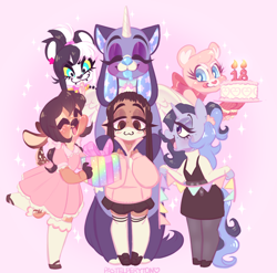 Size: 1114x1102 | Tagged: safe, artist:pastelperyton, imported from derpibooru, oc, oc only, anthro, unguligrade anthro, unicorn, :p, clothes, dress, eyelashes, female, horn, makeup, present, smiling, tongue out, unicorn oc