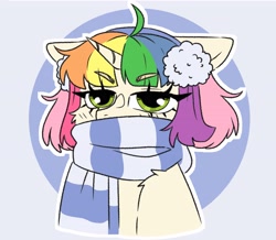 Size: 4005x3496 | Tagged: safe, artist:madkadd, imported from derpibooru, oc, oc only, oc:kadus, pony, unicorn, abstract background, bust, clothes, eyelashes, horn, multicolored hair, rainbow hair, scarf, solo, striped scarf, unicorn oc