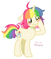 Size: 1156x1348 | Tagged: safe, artist:madkadd, imported from derpibooru, oc, oc only, oc:kadus, pony, unicorn, base used, blush sticker, blushing, cheek squish, eyelashes, female, floppy ears, full body, hoof on cheek, hooves, horn, mare, multicolored hair, multicolored mane, multicolored tail, rainbow hair, simple background, solo, squishy cheeks, standing, tail, unicorn oc, white background