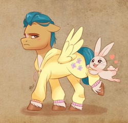 Size: 2048x1974 | Tagged: safe, artist:artharuhi, imported from derpibooru, hitch trailblazer, earth pony, pony, rabbit, animal, blushing, clothes, critter magnet, cute, duo, floppy ears, fluttershy suit, frustrated, g5, heart, hitch trailblazer is not amused, hoodie, male, my little pony: a new generation, onesie, pajamas, sleepwear, stallion, the new fluttershy, unamused, unshorn fetlocks