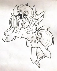 Size: 717x899 | Tagged: safe, artist:madkadd, imported from derpibooru, fluttershy, pegasus, pony, butt fluff, cheek fluff, chest fluff, eyelashes, female, fluffy, lineart, looking back, mare, smiling, solo, traditional art, wings