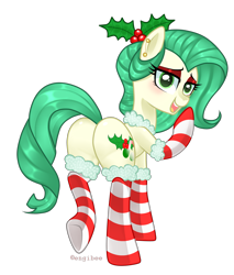 Size: 2143x2521 | Tagged: safe, artist:kaikururu, imported from derpibooru, oc, oc only, earth pony, pony, bedroom eyes, butt, clothes, earth pony oc, eyelashes, female, holly, makeup, mare, plot, simple background, socks, striped socks, transparent background, underhoof