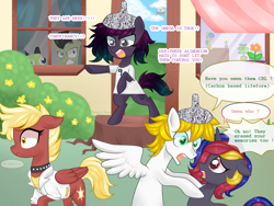 Size: 4000x3000 | Tagged: safe, artist:kaikururu, imported from derpibooru, oc, oc only, pegasus, pony, unicorn, bipedal, choker, clothes, dialogue, female, hat, horn, male, mare, open mouth, outdoors, pegasus oc, stallion, tinfoil hat, unicorn oc, wide eyes, wings