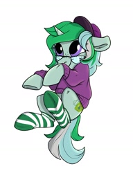 Size: 1400x1825 | Tagged: safe, artist:rutkotka, imported from derpibooru, oc, oc only, pony, unicorn, cap, clothes, commission, glasses, happy, hat, simple background, smiling, socks, solo, striped socks, sweater, white background, ych result