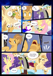 Size: 3259x4607 | Tagged: safe, artist:estories, imported from derpibooru, discord, fluttershy, oc, oc:alice goldenfeather, oc:fable, oc:möbius, draconequus, earth pony, pegasus, pony, unicorn, comic:nevermore, :|, book, bookshelf, comic, couch, cup, cushion, eyes closed, faint, female, horn, male, mare, pegasus oc, plant, speech bubble, stallion, table, tea kettle, teacup, wings