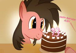 Size: 3508x2480 | Tagged: safe, artist:mrkat7214, imported from derpibooru, pinkie pie, oc, oc:ace play, earth pony, pony, birthday, cake, cherry, dialogue, facial hair, food, frosting, goatee, high res, male, offscreen character, plate, smiling, solo focus, stallion