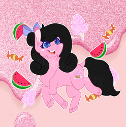 Size: 1892x1908 | Tagged: safe, artist:thatonefluffs, imported from derpibooru, oc, oc:moonlight, earth pony, bow, candy, cotton candy, food, freckles, solo, unshorn fetlocks, watermelon