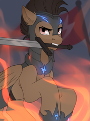 Size: 503x671 | Tagged: safe, artist:chamommile, imported from derpibooru, oc, oc:mazz, pegasus, pony, armor, badass, badass adorable, battlefield, clothes, cute, ear fluff, ears up, fight, fire, flag, flying, folded wings, glowing, guard, helmet, jumping, lighting, mouth hold, raised hoof, ready to fight, rearing, shoes, solo, sword, weapon, wings