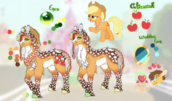 Size: 1280x752 | Tagged: safe, artist:malinraf1615, imported from derpibooru, applejack, caramel, earth pony, pony, alternate hairstyle, applejack's hat, carajack, chest fluff, cowboy hat, duo, female, freckles, hat, male, mare, markings, redesign, reference sheet, shipping, solo focus, stallion, straight, unshorn fetlocks