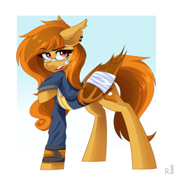 Size: 2300x2300 | Tagged: safe, artist:rinteen, imported from derpibooru, oc, oc only, oc:pumpkin spice, bat pony, pony, bandage, bandaged wing, bat pony oc, blood, blood on face, clothes, ear piercing, earring, glasses, injured, jewelry, jumpsuit, piercing, pipbuck, solo, vault suit, wings